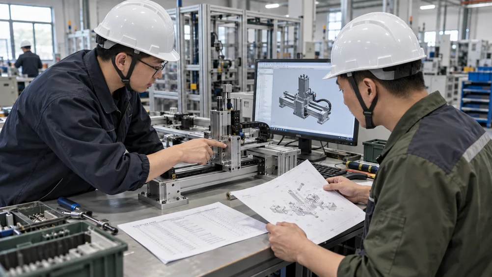 研发制造交接场景示意：佩戴安全帽的设计工程师与装配人员对照 CAD、BOM 和图纸核验实物组件。